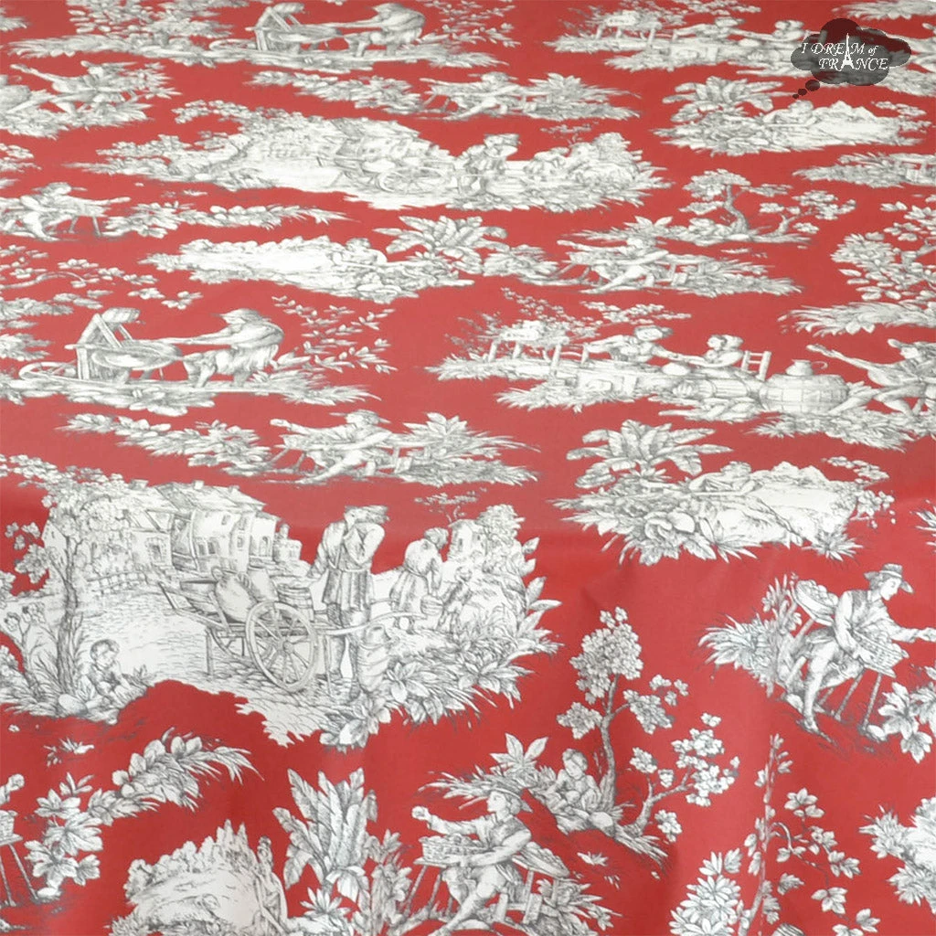 60x84" Rectangular Villandry Red Toile Acrylic-Coated Cotton Tablecloth By Le Cluny 4 60x84" Rectangular Villandry Red Toile Acrylic-Coated Cotton Tablecloth By Le Cluny - Image 2