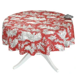 60" Round Villandry Red Toile Acrylic-Coated Cotton French Tablecloth By Le Cluny