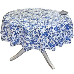 60" Round Versailles Blue Acrylic-Coated Cotton French Tablecloth By Le Cluny