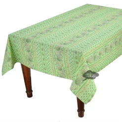 60x132" Rectangular Lisa Pistachio Acrylic-Coated Cotton Provence Tablecloth By Le Cluny