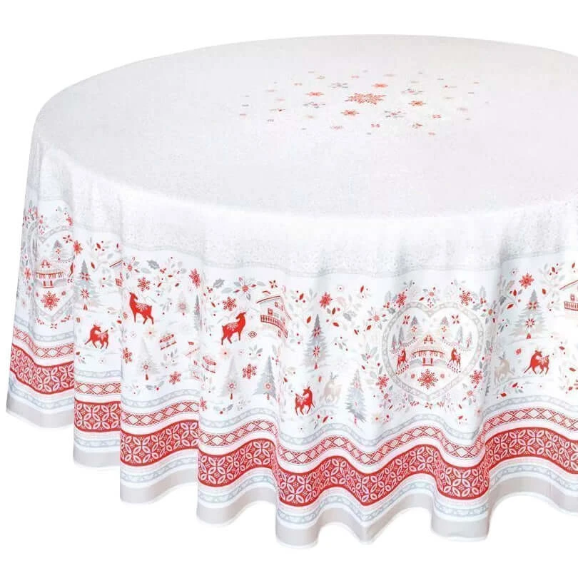 70" Round Mistletoe Red Acrylic-Coated Cotton Tablecloth By Tissus Toselli 3 70" Round Mistletoe Red Acrylic-Coated Cotton Tablecloth By Tissus Toselli