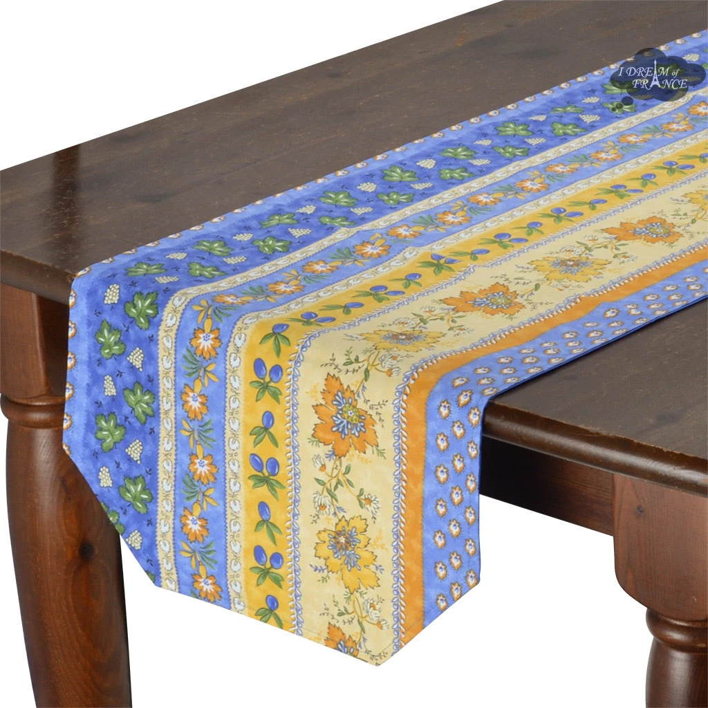 16x72" Monaco Blue & Yellow Acrylic-Coated Cotton Provence Table Runner By Le Cluny 3 16x72" Monaco Blue & Yellow Acrylic-Coated Cotton Provence Table Runner By Le Cluny
