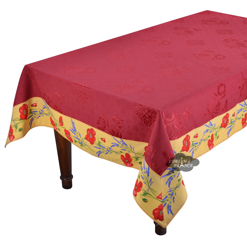 55x86" Rectangular Poppies Yellow & Red Matelassé Tablecloth By Tissus Toselli 3 55x86" Rectangular Poppies Yellow & Red Matelassé Tablecloth By Tissus Toselli