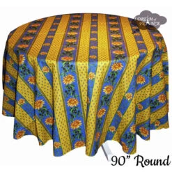 90" Round Sunflower Blue Acrylic-Coated Cotton Provence Tablecloth By Le Cluny