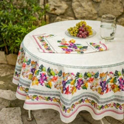 70" Round Grapes Acrylic-Coated Cotton Tablecloth By Tissus Toselli -Kitchen Textiles raisin rond style 1 2