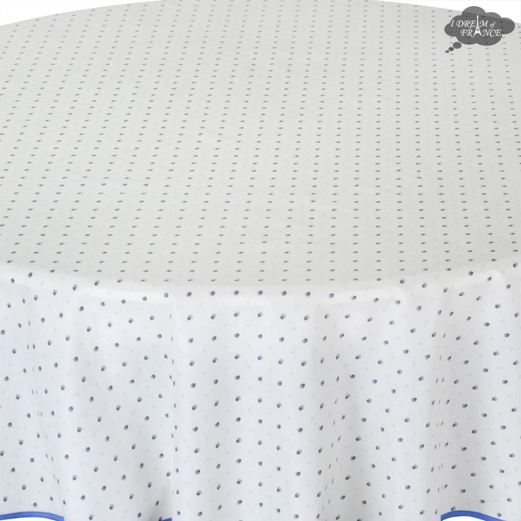70" Round Calisson White & Blue Allover Acrylic-Coated Cotton Tablecloth By Tissus Toselli 4 70" Round Calisson White & Blue Allover Acrylic-Coated Cotton Tablecloth By Tissus Toselli - Image 2