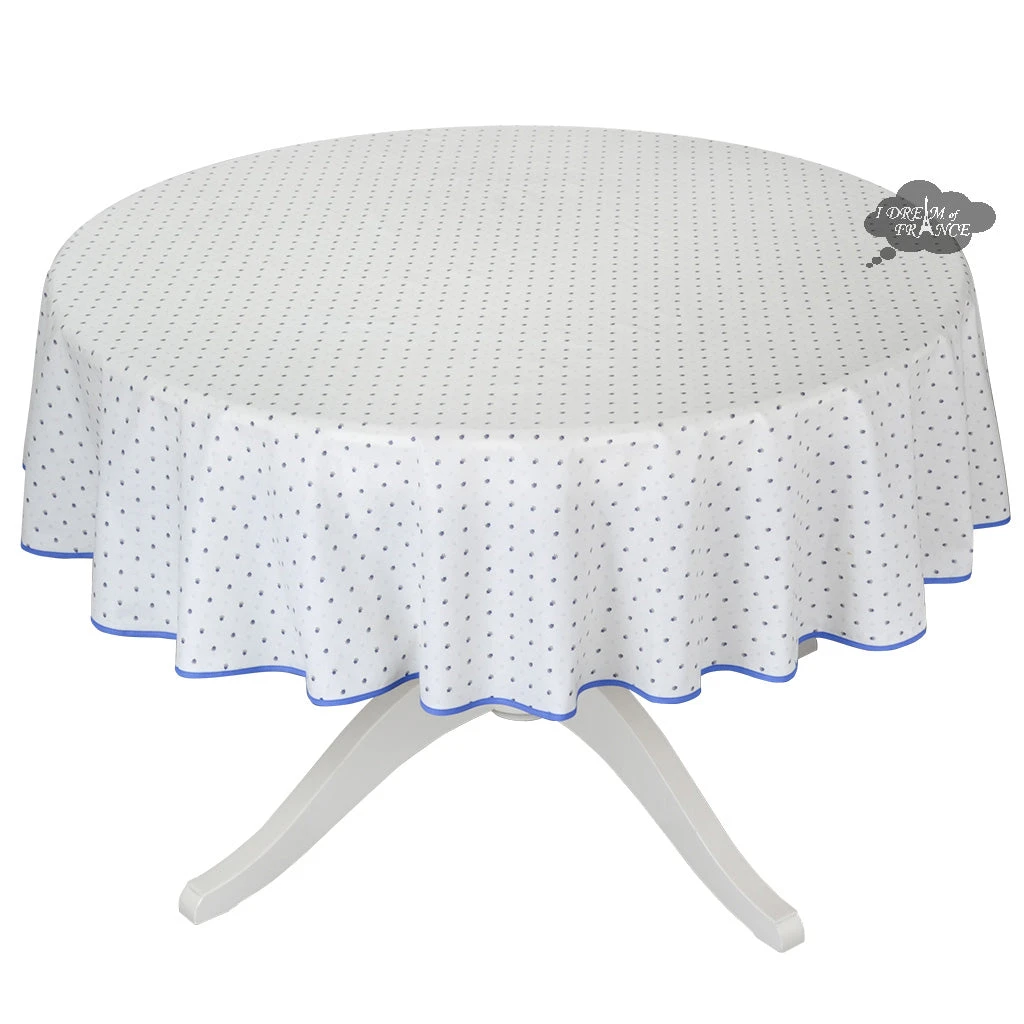 70" Round Calisson White & Blue Allover Acrylic-Coated Cotton Tablecloth By Tissus Toselli 3 70" Round Calisson White & Blue Allover Acrylic-Coated Cotton Tablecloth By Tissus Toselli