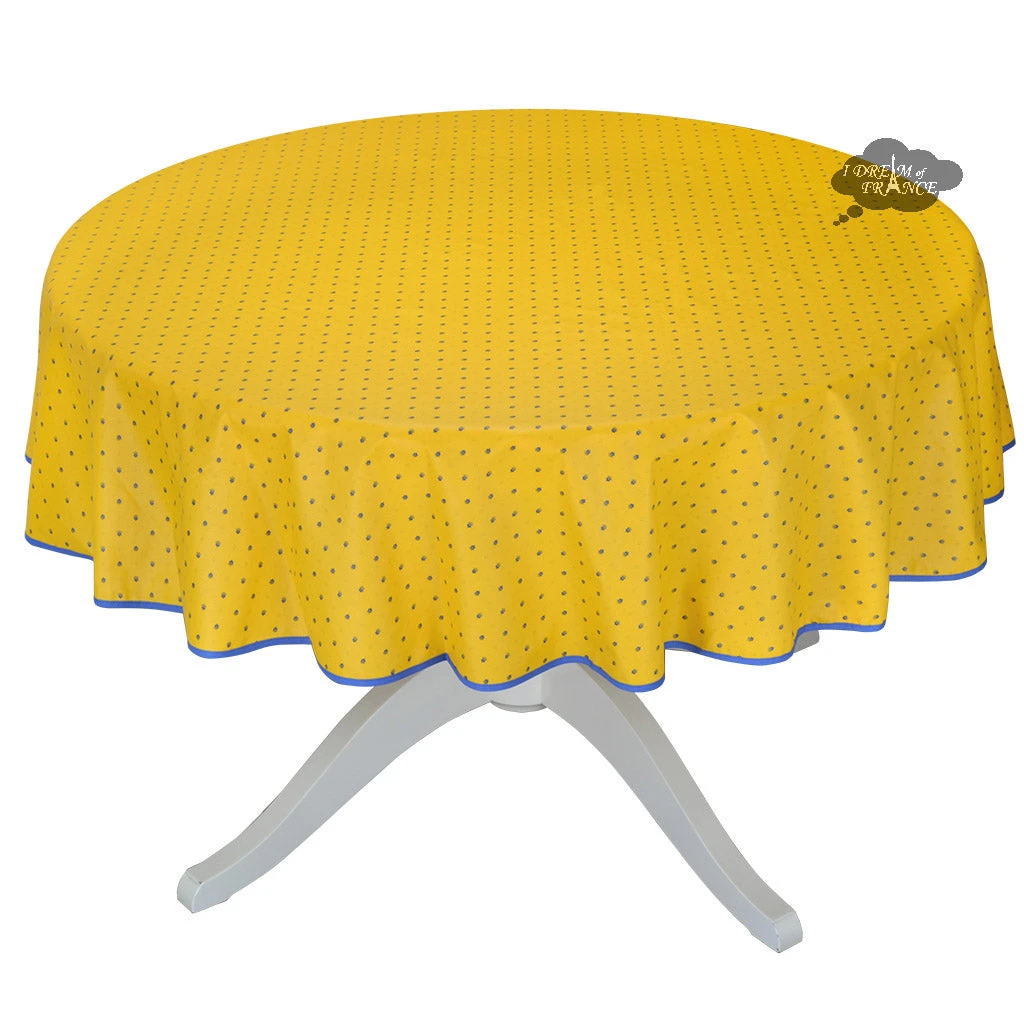70" Round Calisson Yellow & Blue Allover Acrylic-Coated Cotton Tablecloth By Tissus Toselli 3 70" Round Calisson Yellow & Blue Allover Acrylic-Coated Cotton Tablecloth By Tissus Toselli