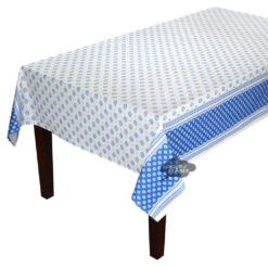 60x78" Rectangular Sormiou Blue & White Double Border Acrylic-Coated Cotton Tablecloth By Label France
