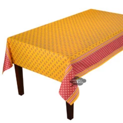 60x158" Rect Sormiou Yellow & Red Double Border Acrylic-Coated Cotton Tablecloth By Label France