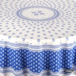 70" Round Sormiou Blue & White Acrylic-Coated Cotton Tablecloth By Label France -Kitchen Textiles sormiou french provencal acrylic coated cotton tablecloth round white blue asqw