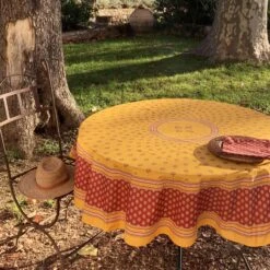 70" Round Sormiou Yellow & Red Acrylic-Coated Cotton Tablecloth By Label France -Kitchen Textiles sormiou round yellow red