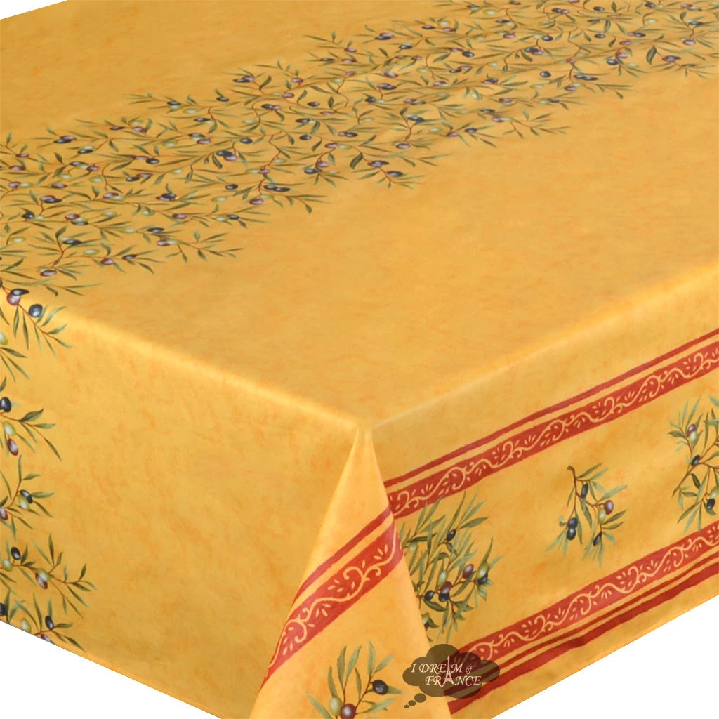 60x120" Rectangular Clos Des Oliviers Yellow Acrylic Coated Cotton Double Border Tablecloth By Label France 4 60x120" Rectangular Clos Des Oliviers Yellow Acrylic Coated Cotton Double Border Tablecloth By Label France - Image 2