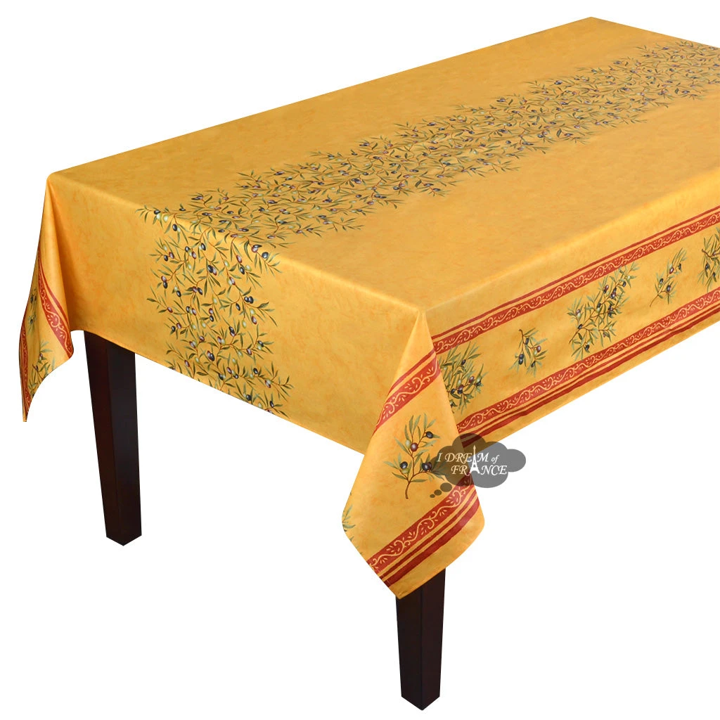 60x120" Rectangular Clos Des Oliviers Yellow Acrylic Coated Cotton Double Border Tablecloth By Label France 3 60x120" Rectangular Clos Des Oliviers Yellow Acrylic Coated Cotton Double Border Tablecloth By Label France