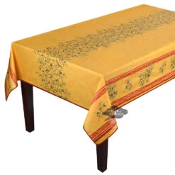 60x96" Rectangular Clos Des Oliviers Yellow Double-Border Acrylic-Coated Cotton Tablecloth By Label France