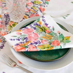 Grasse White Provence Cotton Napkin By Tissus Toselli -Kitchen Textiles tissus toselli french cotton napkin grasse roses lavender asq