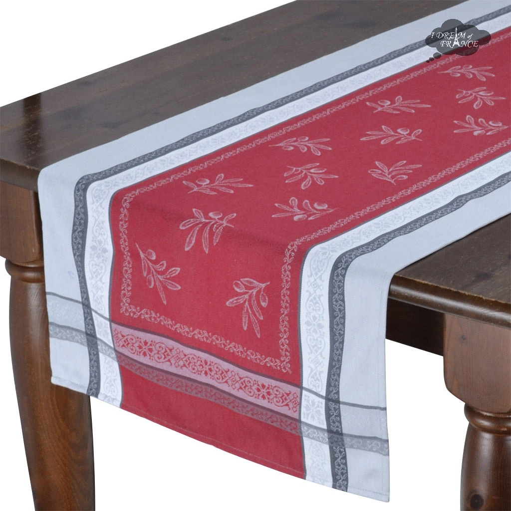 20x64" Olivia Gray & Red Jacquard Cotton Table Runner By Tissus Toselli 3 20x64" Olivia Gray & Red Jacquard Cotton Table Runner By Tissus Toselli