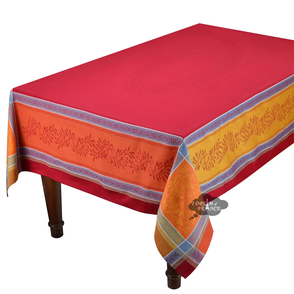 62x120" Rectangular Olivia Red & Orange French Jacquard Tablecloth By Tissus Toselli 3 62x120" Rectangular Olivia Red & Orange French Jacquard Tablecloth By Tissus Toselli