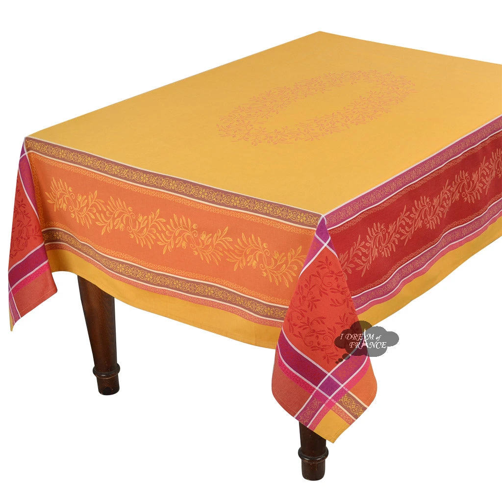 62x78" Rectangular Olivia Yellow & Red French Jacquard Tablecloth By Tissus Toselli 3 62x78" Rectangular Olivia Yellow & Red French Jacquard Tablecloth By Tissus Toselli
