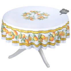 70" Round Lemons White French Acrylic-Coated Tablecloth By Tissus Toselli