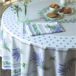 70" Round Lauris Acrylic-Coated Cotton Tablecloth By Tissus Toselli -Kitchen Textiles tissus toselli lauris ecru round french coated tablecloth placee b