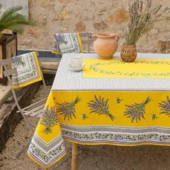60x96" Rectangular Lauris Yellow Coated Cotton Tablecloth By Tissus Toselli 8 60x96" Rectangular Lauris Yellow Coated Cotton Tablecloth By Tissus Toselli -Kitchen Textiles tissus toselli lauris yellow rectangular french coated tablecloth bsq c86a50af c5d4 4281 967e e37a0bc962e2