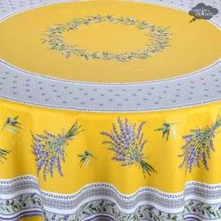 70" Round Lauris Yellow Acrylic-Coated Cotton Tablecloth By Tissus Toselli 6 70" Round Lauris Yellow Acrylic-Coated Cotton Tablecloth By Tissus Toselli -Kitchen Textiles tissus toselli lauris yellow round french coated tablecloth placee asqw