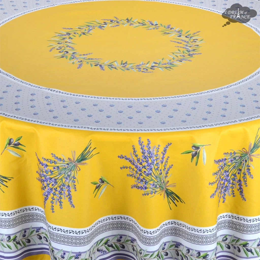 70" Round Lauris Yellow Acrylic-Coated Cotton Tablecloth By Tissus Toselli 4 70" Round Lauris Yellow Acrylic-Coated Cotton Tablecloth By Tissus Toselli - Image 2