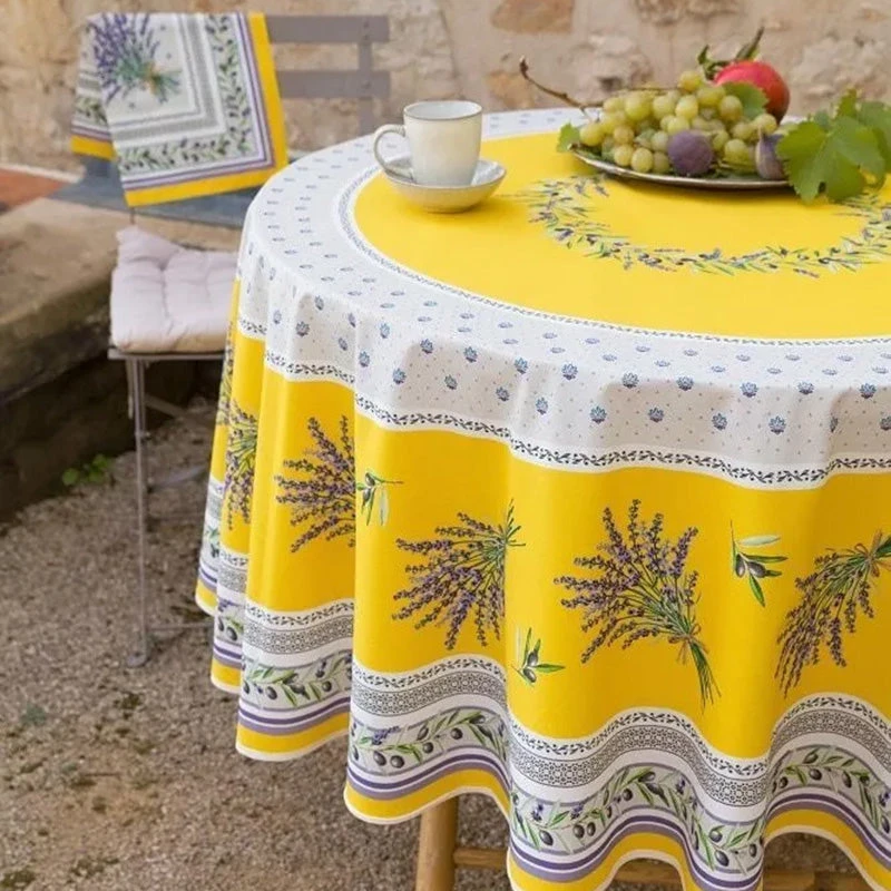 70" Round Lauris Yellow Acrylic-Coated Cotton Tablecloth By Tissus Toselli 5 70" Round Lauris Yellow Acrylic-Coated Cotton Tablecloth By Tissus Toselli - Image 3