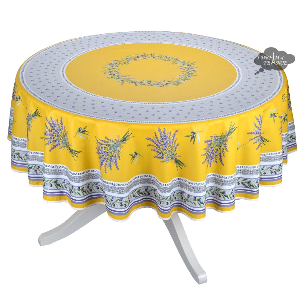 70" Round Lauris Yellow Acrylic-Coated Cotton Tablecloth By Tissus Toselli 3 70" Round Lauris Yellow Acrylic-Coated Cotton Tablecloth By Tissus Toselli
