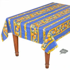 58" Square Lemons Blue Acrylic-Coated Cotton Tablecloth By Tissus Toselli