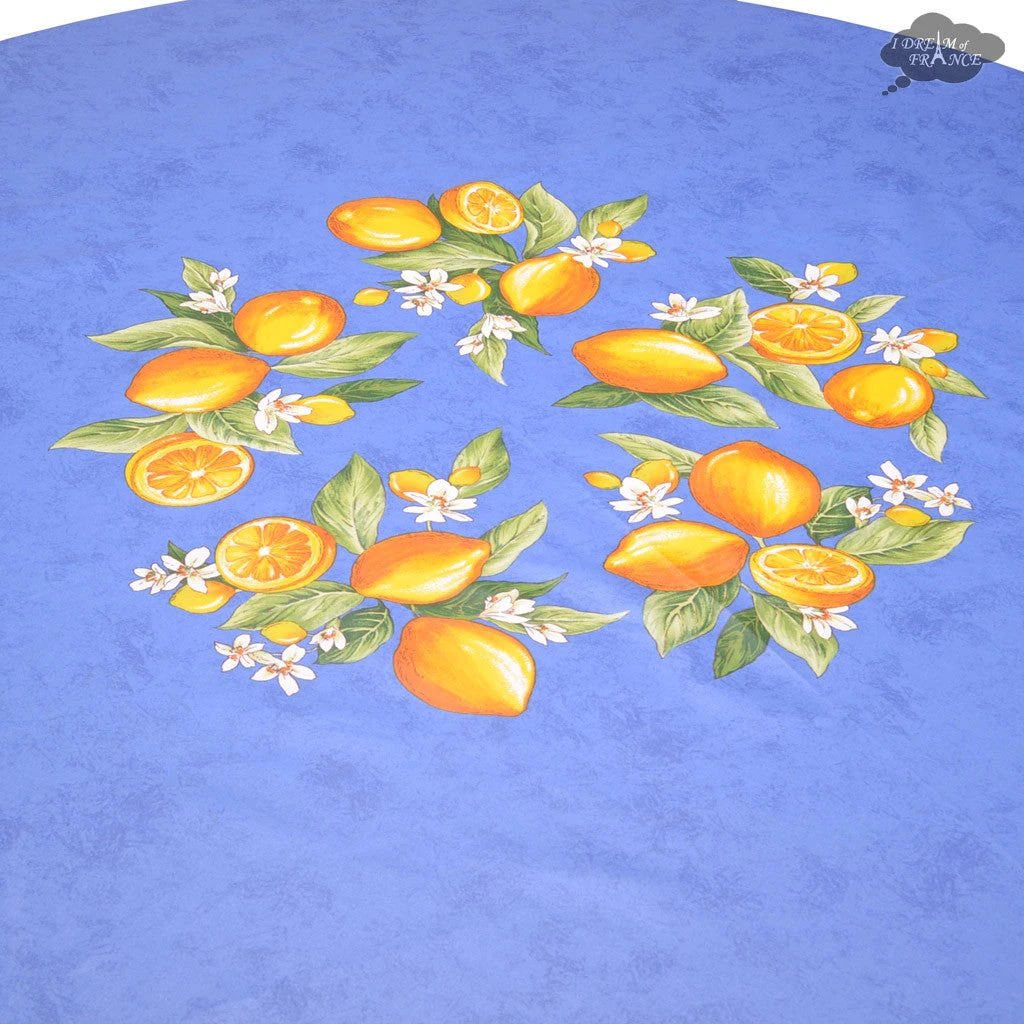 70" Round Lemons Blue Tablecloth By Tissus Toselli 4 70" Round Lemons Blue Tablecloth By Tissus Toselli - Image 2