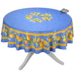 90" Round Lemons Blue Acrylic-Coated Cotton Tablecloth By Tissus Toselli