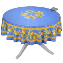 70" Round Lemons Blue Tablecloth By Tissus Toselli