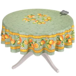 90" Round Lemons Green Acrylic-Coated Cotton Tablecloth By Tissus Toselli