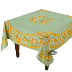 70" Square Lemons Green Acrylic-Coated Cotton Tablecloth By Tissus Toselli