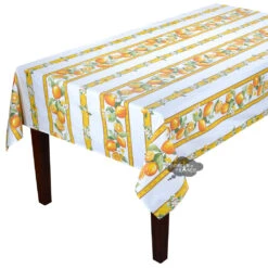 60x96" Striped Rectangular Lemons White Acrylic-Coated Cotton Tablecloth By Tissus Toselli