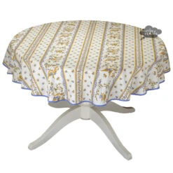 58" Round Moustiers Blue & Cream Acrylic-Coated Cotton Tablecloth By Tissus Toselli