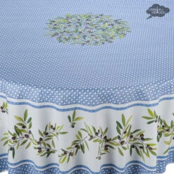 70" Round Nyons Blue Acrylic-Coated Cotton Tablecloth By Tissus Toselli -Kitchen Textiles tissus toselli nyons blue round coated cotton tablecoth asqw