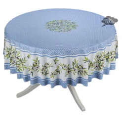 90" Round Nyons Blue Acrylic-Coated Cotton Tablecloth By Tissus Toselli