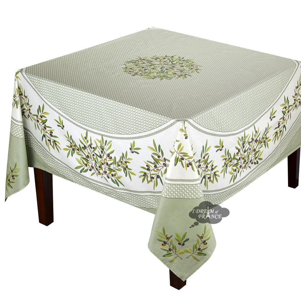 70" Square Nyons Green Acrylic-Coated Cotton Tablecloth By Tissus Toselli 3 70" Square Nyons Green Acrylic-Coated Cotton Tablecloth By Tissus Toselli