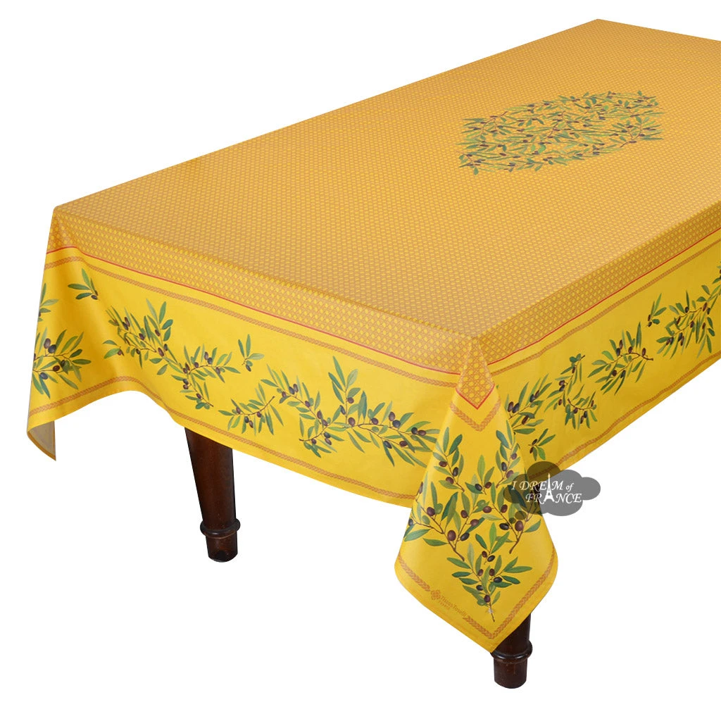 60x96" Rectangular Nyons Yellow Acrylic Coated Cotton Tablecloth By Tissus Toselli 3 60x96" Rectangular Nyons Yellow Acrylic Coated Cotton Tablecloth By Tissus Toselli