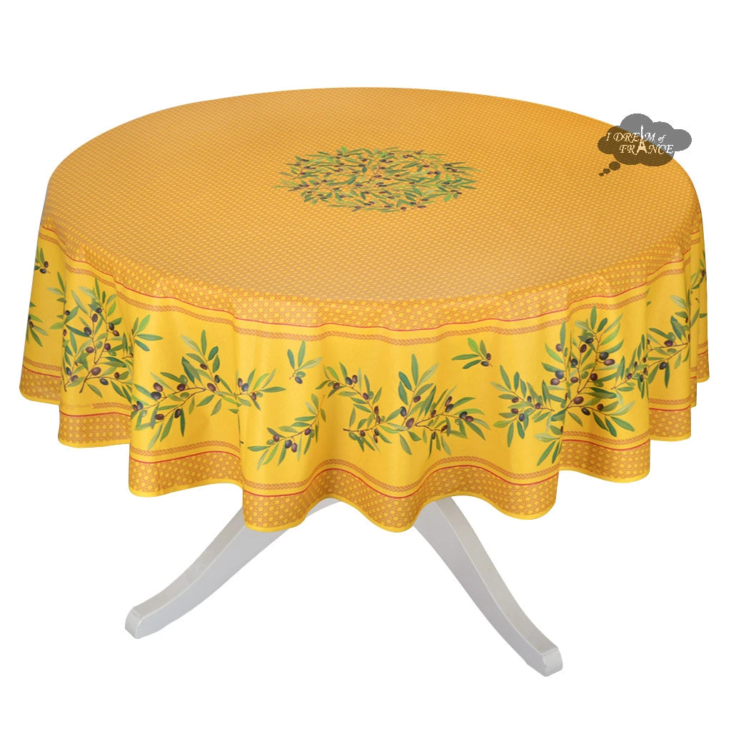 70" Round Nyons Yellow & Red Acrylic-Coated Cotton Tablecloth By Tissus Toselli 3 70" Round Nyons Yellow & Red Acrylic-Coated Cotton Tablecloth By Tissus Toselli