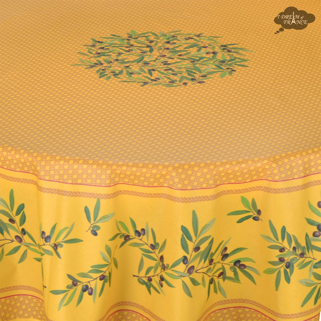 70" Round Nyons Yellow & Red Acrylic-Coated Cotton Tablecloth By Tissus Toselli 4 70" Round Nyons Yellow & Red Acrylic-Coated Cotton Tablecloth By Tissus Toselli - Image 2