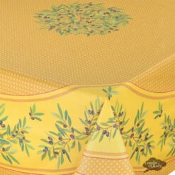 70" Square Nyons Yellow & Red Acrylic-Coated Cotton Tablecloth By Tissus Toselli -Kitchen Textiles tissus toselli nyons yellow square coated cotton tablecoth asqw