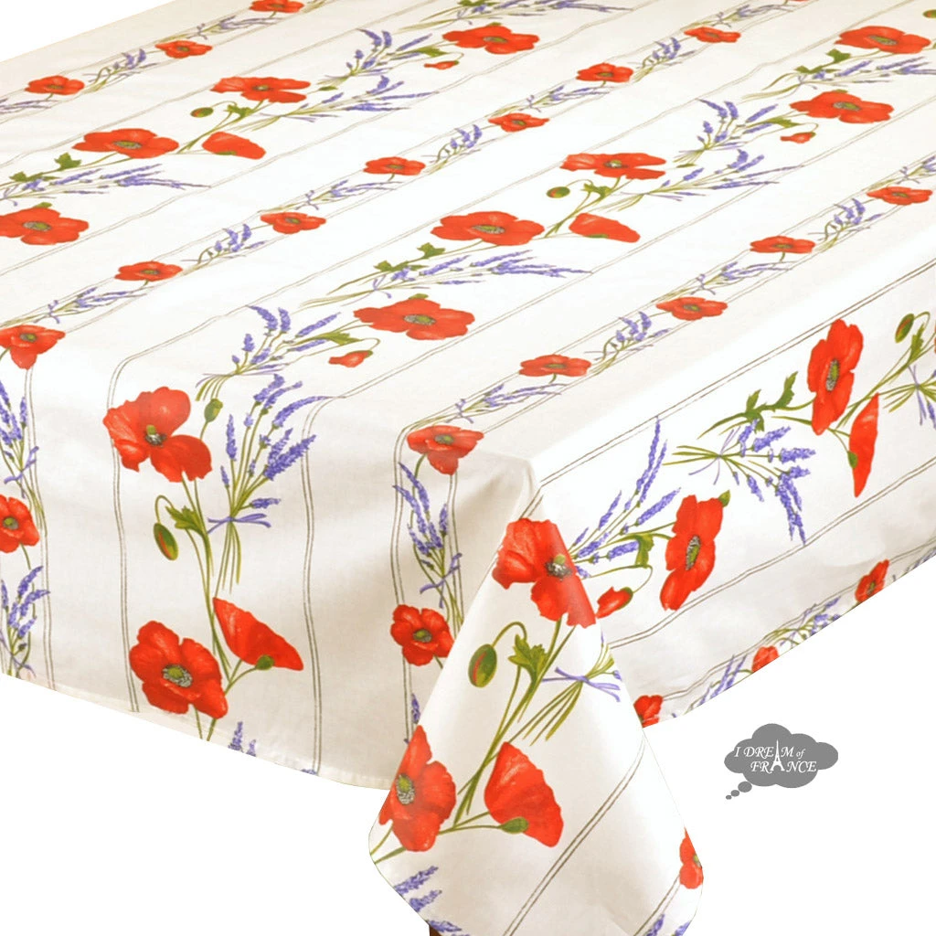 60x96" Striped Rectangular Poppies Cream Acrylic Coated Cotton Tablecloth By Tissus Toselli 4 60x96" Striped Rectangular Poppies Cream Acrylic Coated Cotton Tablecloth By Tissus Toselli - Image 2