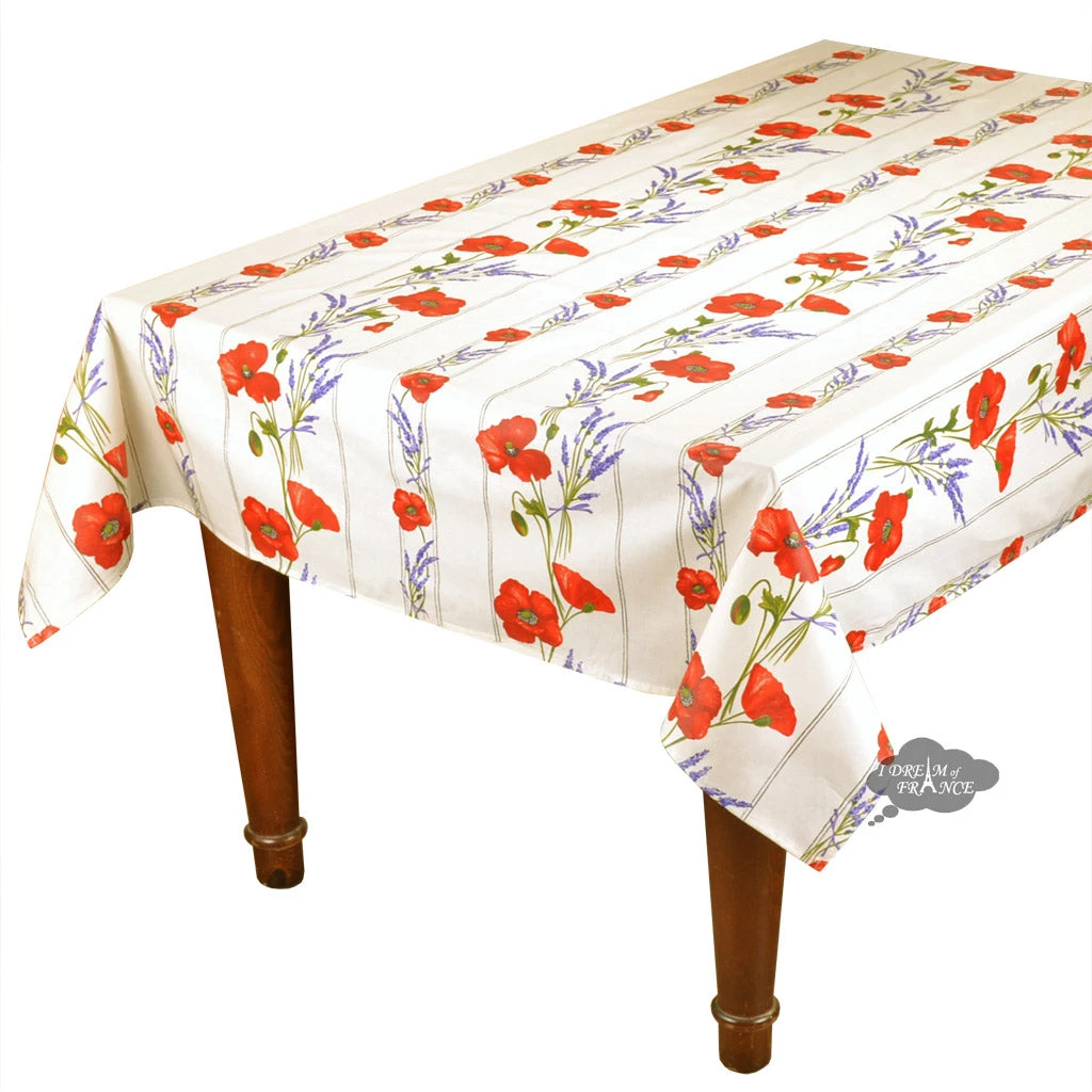 60x96" Striped Rectangular Poppies Cream Acrylic Coated Cotton Tablecloth By Tissus Toselli 3 60x96" Striped Rectangular Poppies Cream Acrylic Coated Cotton Tablecloth By Tissus Toselli