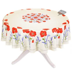 70" Round Poppies Cream Acrylic-Coated Cotton Tablecloth By Tissus Toselli
