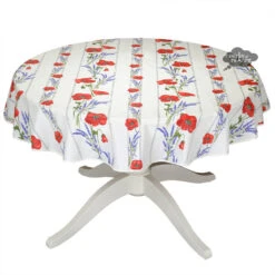 58" Round Poppies Cream Acrylic-Coated Cotton Tablecloth By Tissus Toselli