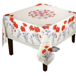 70" Square Poppies Cream Acrylic-Coated Cotton Tablecloth By Tissus Toselli